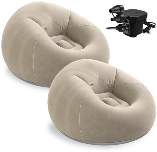 OJMHD 2 Pcs Inflatable Bean Bag Chairs for Camping, Adults’s Blow up Chair, Foldable Lazy Sofa Couch with Electric Air Pump for Reading Living Room Bedroom Gaming Outdoors, UK Plug, Mocha