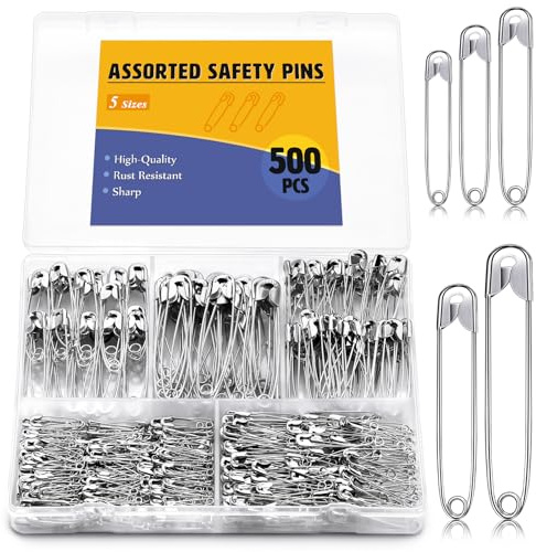 ENCHOL 500 Pcs 5 Sizes Safety Pins, Assorted Safety Pins for Clothes | Small Medium Large Safety Pins, Heavy Duty Safety Pins for Arts, Crafts, DIY Jewellery and Sewing
