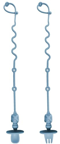 4PK Baby Spoon and Fork with Holder Straps for Kids Aged 6+ Months Self Feeding, No Throw Toddler Travel Essential Leash for High Chair or Bib or Wrist, Silicone Baby Led Weaning Supplies (Ether)