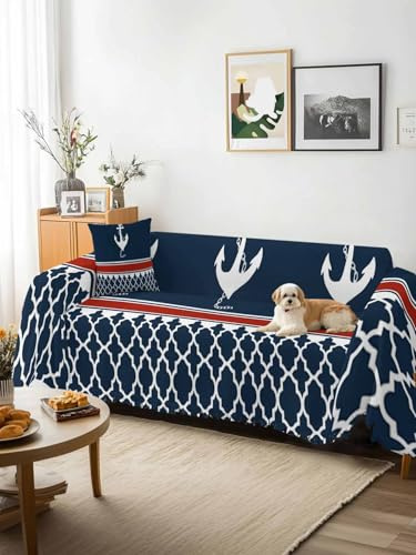 Navy Blue Coastal Sofa Cover Blanket Couch Covers for Armchair Cushion,Couch Sofa Silpcover with Tassel,Nautical Ocean Sea Anchor Abstract Art Living Room Throw Towel Blanket Covers XX-L 71x150