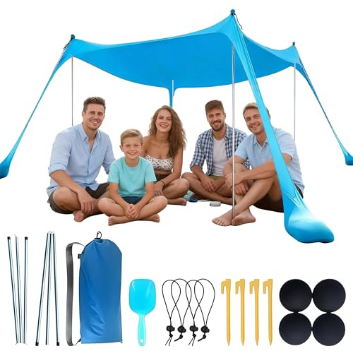 Tienda de Playa Protección UV, Vela de Sombra 3x3 m, Refugio de Playa Cómodo para 4-8 Personas, Carpa de Sombra para Playa, Camping, Pesca, Picnic, con Piquetas y Sacos de Arena
