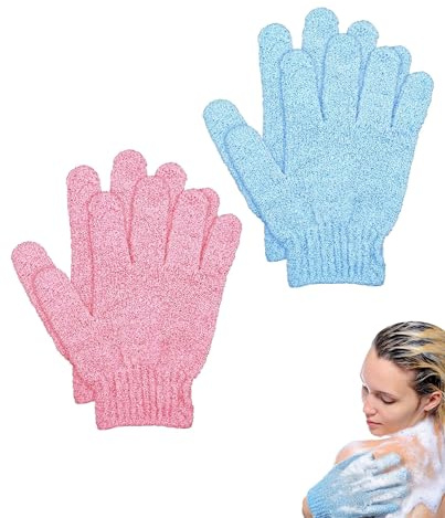 QYLNEX 4 Pcs guante exfoliante de doble cara guantes de ducha para eliminar la piel muerta guantes de baño, exfoliación accesorios de ducha para belleza spa masaje diario,Rosa/Azul