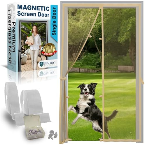 Fiberglass Mesh Magnetic Screen Door – Heavy Duty Self-Closing Hanging Door Net Screen with Magnet Closures – Fits Doors Up to 34x82 – Beige – by Sentry Screens