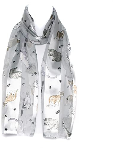Hat To Socks Cat Paw, Kitten Print Premium Chiffon Satin Scarf for Women - Korean Made Lightweight Sheer Fashion Wrap, Soft Elegant Shawl (Silver/Grey)