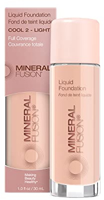 Mineral Fusion Full Coverage Foundation, Liquid Foundation - Cool 2- Light Complexion w/Cool Undertones, Lightweight Matte Finish, Up to 12 Hr Hydration, Hypoallergenic & Vegan, 1 fl. Oz