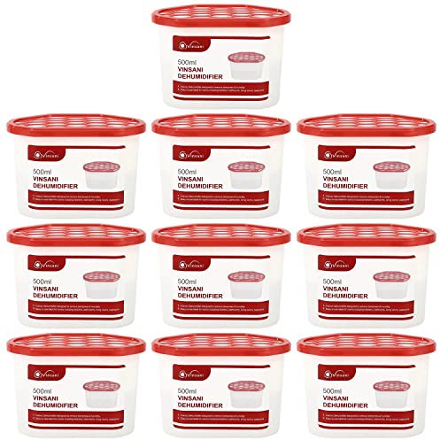Vinsani Interior Dehumidifier Pack of 10 – 500mL Moisture Absorber Condensation Remover to Stop Damp, Mould, Moisture in Home Kitchen Wardrobe Bedroom Office Bathroom Basement Garage
