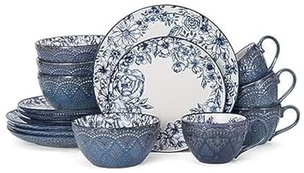 Pfaltzgraff Gabriela Blue 16-Piece Dinnerware Set, Service for 4, Durable Stoneware Plates, Bowls, and Mugs with Elegant Blue Pattern, Dishwasher Safe