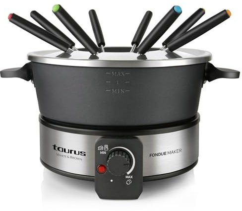 Taurus Fondue en Casa para 8 Personas, 1000 W potencia, Acero Inoxidable, Capacidad 2L, Olla Libre de PFOA, Asa de transporte, Color en Acero Inoxidable Negro, Plata- Chocolate, Queso, Caldo, y más