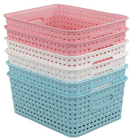 Tstorage Blaue Rosa Weiss Rattan Webart Organisator Plastikkörbe Aufbewahrungskorb Aufbewahrungskiste, 6 Stück
