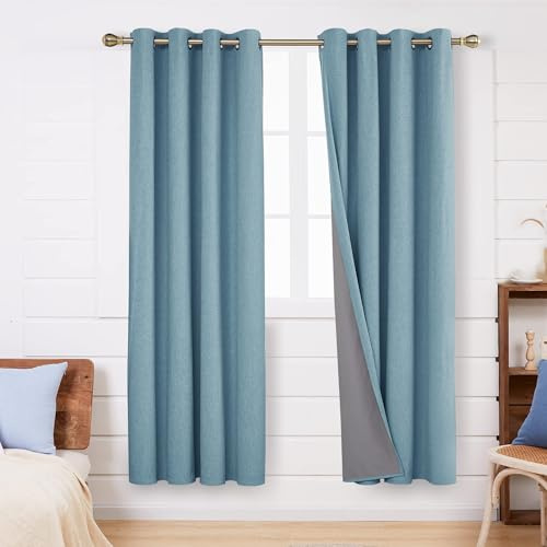 Deconovo Linen Look Window Treatment Thermal Insulated Top Ring Bedroom Blackout Curtains with Coating Back Layer for Girls 52 x 54 Inch Blue Grey Set of 2