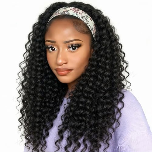 XSY Headband Wig Human Hair 16 Inch Deep Wave Glueless No Lace Front Wig Curly Headband Half Wigs for Black Women Brazilian Virgin Machine Made Wigs Natural Black Color