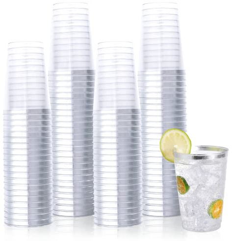 Vplus 150 Pack 12 OZ Reusable Silver Rimmed Clear Plastic Cups, Disposable Heavy Duty Plastic Cups for Party, Christmas, Wedding, Thanksgiving, Halloween