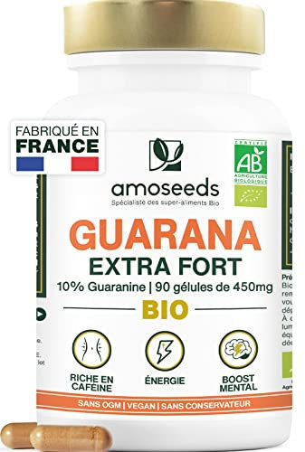 Guarana BIO Extra Fort, 5400mg par jour | 10% de Caféine Naturelle | 90 gélules vegan | Boost Physique, Concentration | Qualité Supérieure