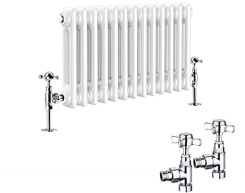 NRG Traditional Radiator 300 x 605mm Horizontal Cast Iron Radiators Central Heating Gloss White Double Column with Angled Pair of Valves