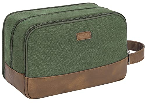 WANDF Toiletry Bag for Men, Travel Wash Bag with Handle, Water-Resistant Canvas Shaving Organiser, SBS Metal Zipper Dopp Kit for Makeup Bathroom Gym (Green)