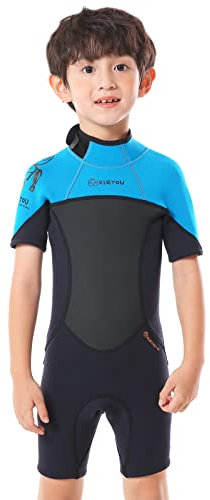 L SERVER Kinder Neoprenanzug Jungen 2.5mm Neopren Kurzer Schwimmanzug Mädchen Warme Nassanzüge Elastischer Sonnenschutz Tauchanzug, Blau, 122-128