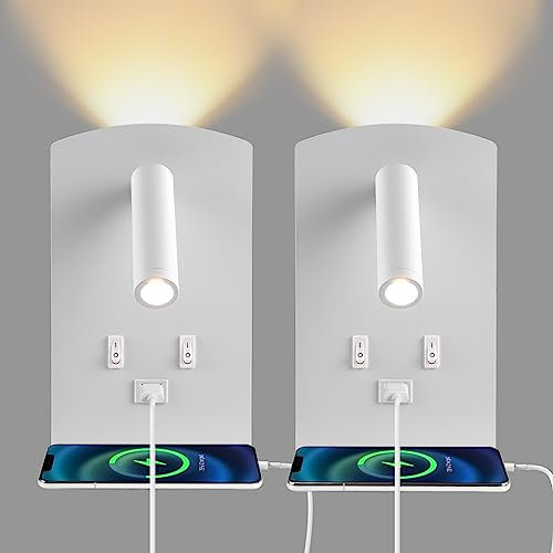 LED Leselampe Wandlampe 2pcs, Leseleuchte am Bett mit mit Handyablage, Verstellbare Wandleuchte am Bett, mit USB-Ladeanschluss und Schalter, Wandleuchten für den Flur(Warmes Licht 3W + 9W) (Weiss)