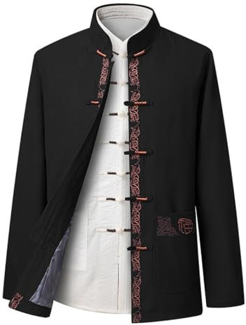 GVILTY Chinesisch traditionelle Langarm Tang Anzug Hanfu für Männer, Stickerei Kung Fu Kleidung Tops Traditioneller Alter Kostüm Kampfkunstanzug Taichi Jacke Hemd Black-XL