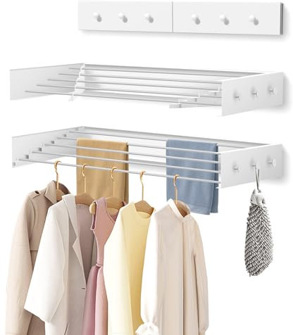 WELTRXE Wall Mounted Clothes Drying Rack, Collapsible Laundry Clothes Airer with 6 Hooks, Foldable Towel Rack, 80cm 5-Rod Retractable Metal Washing Line for Indoor Outdoor, Drying Space Saver, White