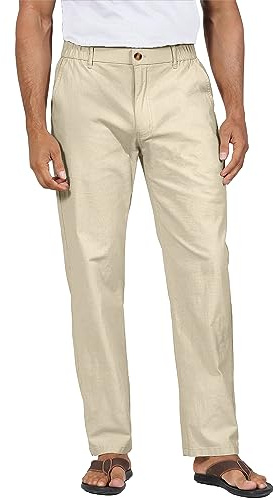 YAOHUOLE Mens Cotton Linen Trousers Summer Beach Yoga Pants Casual Elasticated Waist Trousers with Pockets Khaki M