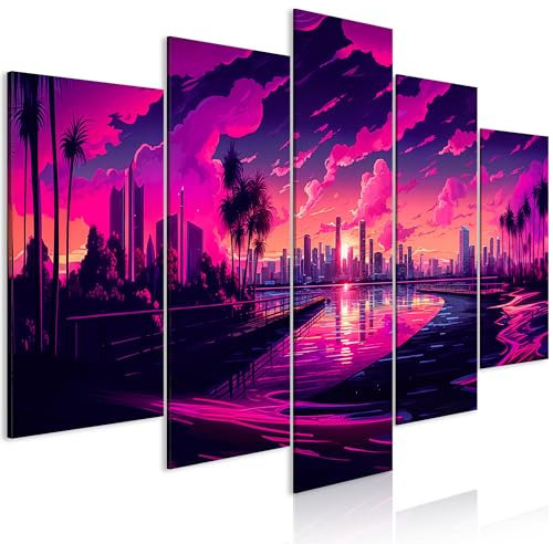 murando - Acoustic Canvas Wall Art Landscape 225x112 cm 5 pieces - Picture With Acoustic Foam Sound Absorption Print Image Artwork Room Acoustics Soundproofing Miami City Panoramic View d-H-10022-b-c