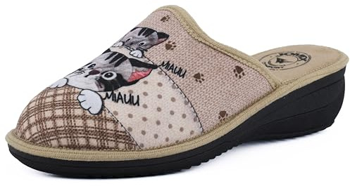 JOMIX Ciabatte Donna Invernali Anziani Ortopediche Antiscivolo con Zeppa Bassa Pantofole Peluche Anatomiche Comode e Leggere per Casa Ideali per Singnora Fantasia Gatto Made in Italy TD9206 Beige 39