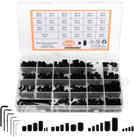 Lot de 666 vis sans tête à six pans creux M2 M3 M4 M5 M6 M8 Vis sans tête à six pans creux Vis vers Allen Acier au carbone Assortiment de vis sans tête avec clé Allen