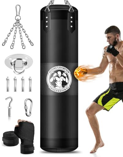 YORWHIN Hanging Punching Bag for Adults, 4FT Oxford Boxing Heavy Bag, Heavy Boxing Bag Set with Hand Wraps Chains, Kick Punching Bags for MMA Karate Kickboxing Boxing Muay Thai Training(Unfilled)