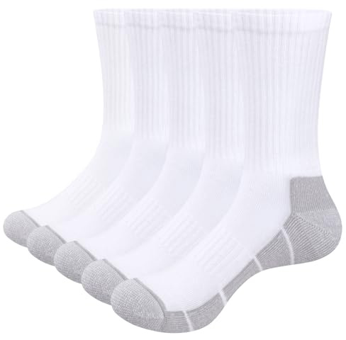 YUEDGE Men's Socks, Moisture Wicking White Terry Cushioned Mid-Calf Sports Socks, Reinforced Toe Heel Work Socks for Daily Outdoor Activity, Size 6-10, 5 Pairs Gift Box