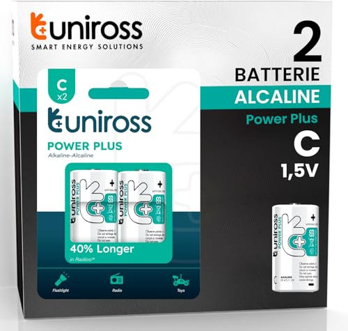 Uniross Pile Alcaline Mezzatorcia C Baby LR14 Power Plus da 1,5V Lunga Durata per Radio Torce e Giocattoli - Blister da 2 Batterie