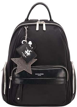 David Jones - Rucksack Damen Klein - Tagesrucksack Nylon & PU Leder Frau - Backpack mit Reißverschluss & Vielen Taschen - Cityrucksack Mädchen Elegant Mode - Daypack Alltag Freizeit Reisen - Schwarz