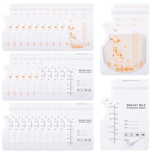 60 Pcs Breast Milk Storage Bags 250ml Freezer Bags with Pour Spout No Leak Breastmilk Containers for Breastfeeding Fridge or Freezer Use