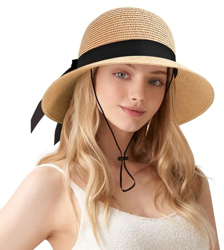 FUIPVGI Sombrero de Paja Sombrero De Playa para Mujer De Verano De Paja De ala Ancha Plegable, Borde Suave Transpirable Grande Ancho Sombreros De Sol con Cuerda Ajustable (FR/ES, Números, 58, Caquí)