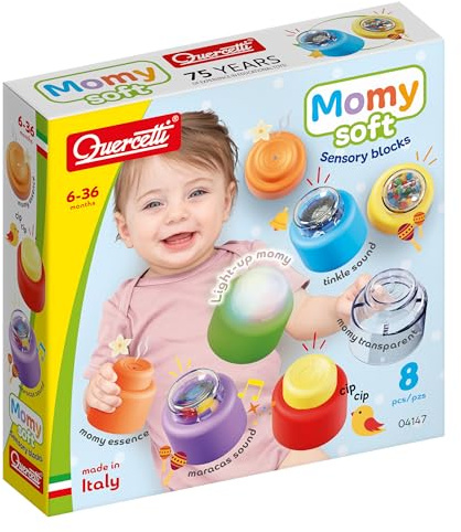 Quercetti Momy Soft Sensory Blocks, Giochi Montessori 6-36 Mesi, 8 Blocchi Sensoriali Morbidi Colorati con Luci e Suoni, Giocattoli Bambini 2 Anni Educativi Sviluppo Motricità