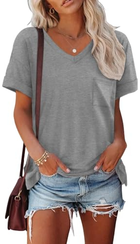 Cuptacc t-shirt damer sommar v-ringad basic top kortärmad lös elegant | Fritid, vardag, mode, lös, andas, klassisk, enkel, lätt och luftig, enfärgad, med ficka, elastisk