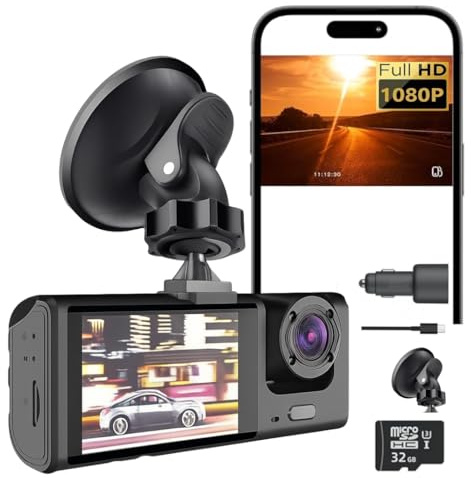 ELECTROMANIA - Dashcam Doble Cámara Coche Full HD con Pantalla y Visión Nocturna, MicroSD 32GB, Cargador USB, Soporte Ventosa, Grabación Bucle, Fácil Instalación, Batería incorporada