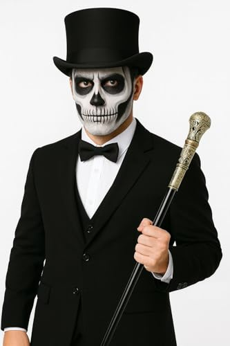 labreeze Men’s Black Top Hat, Black Bow Tie & Gold Topped Cane – Adult Fancy Dress Costume Accessories Set for Halloween, Magician, Cabaret, Cosplay, Stage & Themed Parties