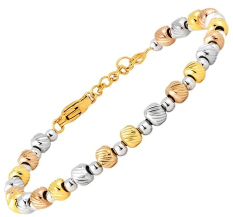 SAGA GIOIELLI® Bracciale donna uomo con pepite granelli tre ori - in Acciaio inox – Lunghezza 16,5+3,5 cm - Granelli 4 mm - Confezione Regalo inclusa - Unisex