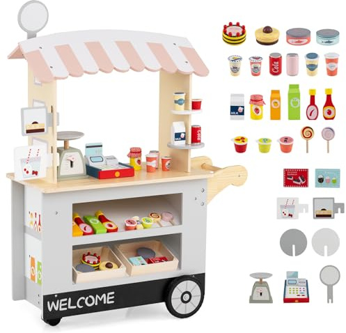 RELAX4LIFE Bancarella Giocattolo per Bambini, Gioco Negozio/Supermercato in Legno con Registratori di Cassa, Bancarella Mercato per Bambini 3+ Anni (GRIGIO)