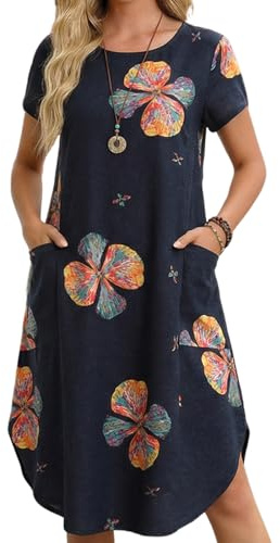 ZANZEA Womens Cotton Midi Dress Floral Summer Casual Boho Flowy Beach Dress | Short Sleeve Crew Neck Dress with Pockets,Indian A-Line Tunic Swing Flower Dresses For Lounge Travel Vocation