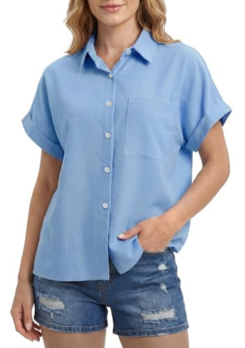 Enmain Camisa Lino Mujer Manga Corta Verano Camisas Blusa de Lino y Algodón de Botones Cuello en V Color Liso Casual Shirt Mujer Elegante Cómoda para Playa Trabajo