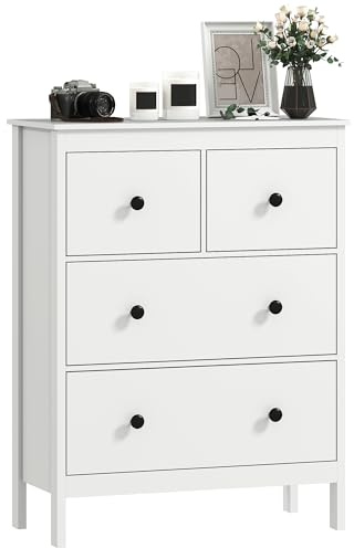 HOMCOM Cassettiera Camera da Letto 4 Cassetti con Piedini Antiscivolo e Maniglie Rotonde, Como Camera da Letto in Legno per Soggiorno, Ingresso, Corridoio, Sala da Pranzo, 74x35x97 cm, Bianco