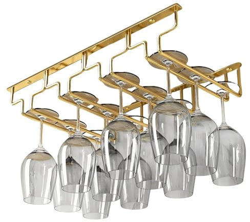 Guldhängande vinglasställ under skåp 33,5/44,5/26 tum modern metallhållare för kök och bar, vinglas förvaringshängare med skruvar (4 rader 18 cm)