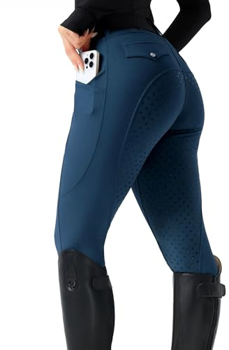 FitsT4 Sports Pantalon d'équitation pour femme Legging de cheval en silicone Empiècement complet Pantalon élastique pour l'équitation Pantalon d'été avec 3 poches latérales et passants de ceinture