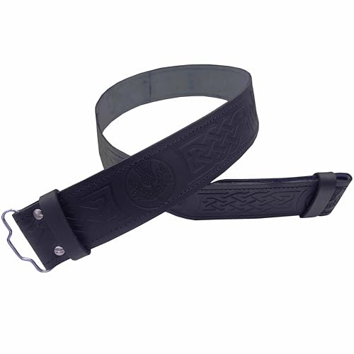 Handmade Leather Kilt Belt For Men - Premium Quality Celtic Thistle Embossed Black Leather Belt - 2.25 Inches Wide Adjustable Belt - Tartan Kilt Accessory