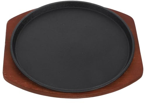 LIFKICH Sartén para Parrilla de Hierro Fundido 25 Cm Redondo Base de Madera para Servir, Plancha para Carne y Bistec, Adecuado para Cocina y Barbacoa, Utensilio Resistente y