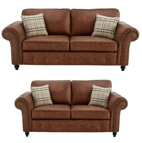 Sofa Nook 3+2 Seater Sofa Set Oakland Full Back Leather Couch with Strong Wooden Frame and Padded Curved Arms | Modern Sturdy Comfort Sofa for Living Room (Brown)