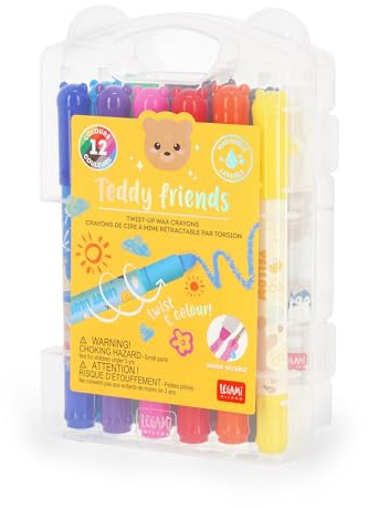 Legami – Lot de 12 crayons de cire Teddy Friends, à visser, trait doux et couleurs intenses, lavables, pointe de 8 mm, ne nécessitent pas d'être taillés, 1,6 x 13,3 x 1,8 cm