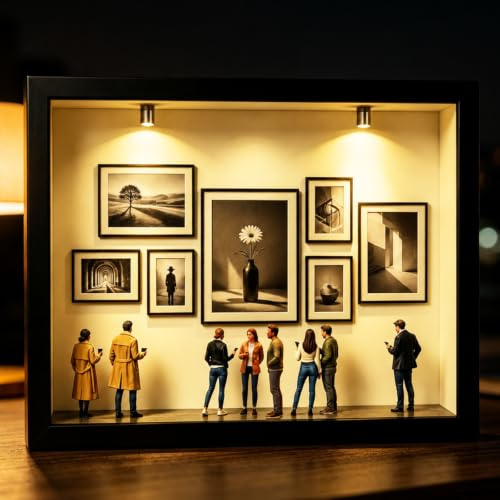 DIY Mini Museum fotoram, minifigurer människor museum silhuettbox, 3D miniatyr museumram med vintagedesign och LED-ljus, djup bildram för fyllning, med miniatyr människor figurer