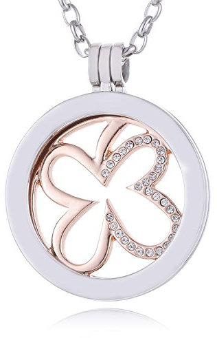 Morella Damen Halskette 70 cm Edelstahl mit Amulett und Coin 33 mm Kleeblatt modern Rosegold in Schmuckbeutel